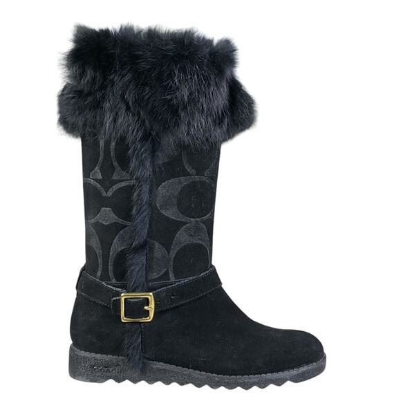 Coach Women’s Deeann Black Suede Shearling Trim Boots Size US 6.5 - Picture 1 of 12